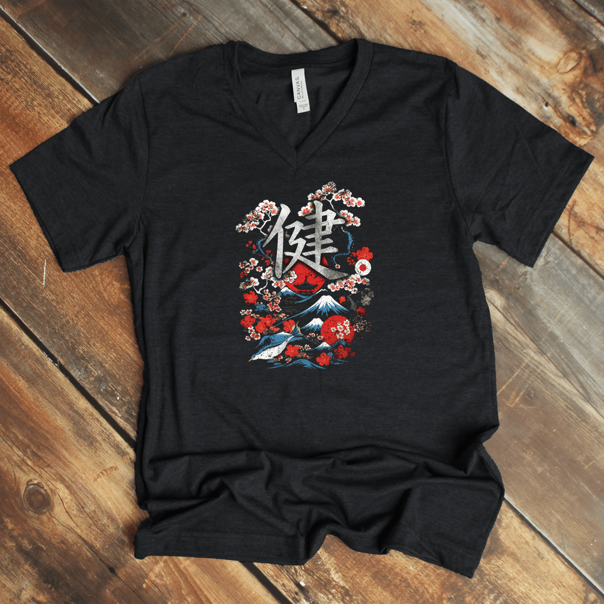 Dark Grey Heather Health - Japanese Kanji V - Neck Shirt - Kanji Soul