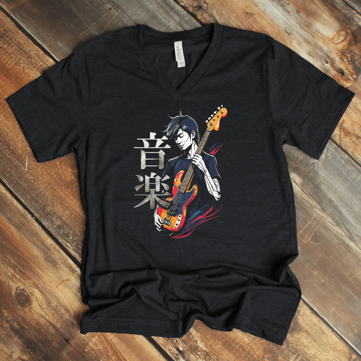 Dark Grey Heather Music 音楽 Japanese Kanji V - Neck Shirt – Bassist Design - Kanji Soul