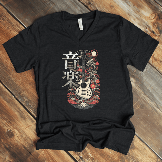 Dark Grey Heather Music 音楽 Japanese Kanji V - Neck Shirt – Guitar Design - Kanji Soul