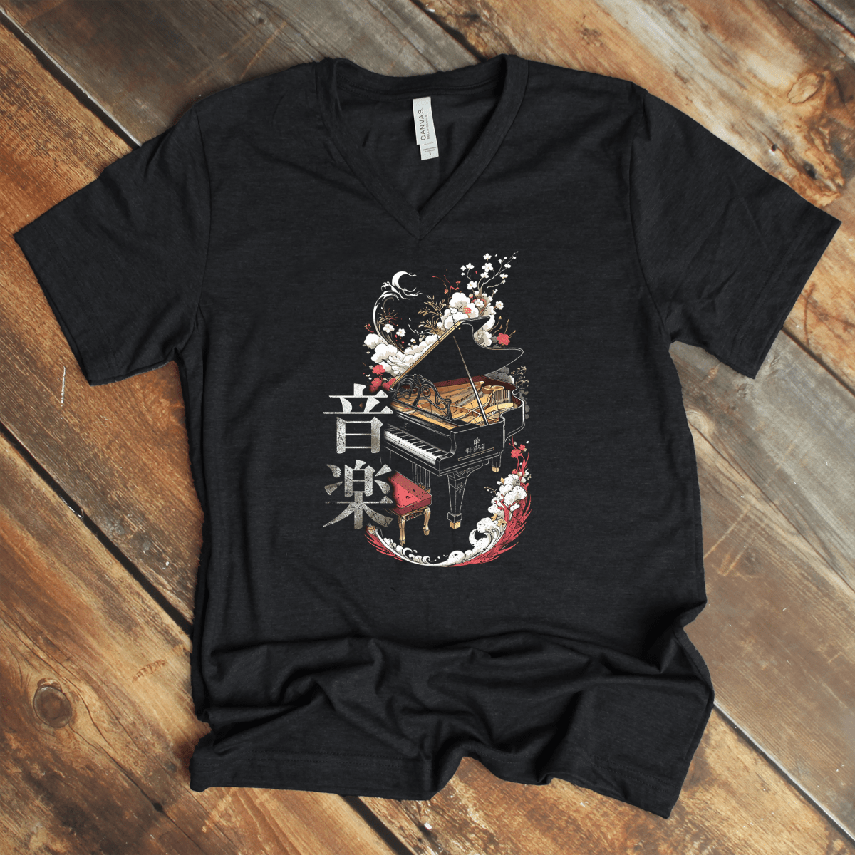 Dark Grey Heather Music 音楽 Japanese Kanji V - Neck Shirt – Piano Design - Kanji Soul