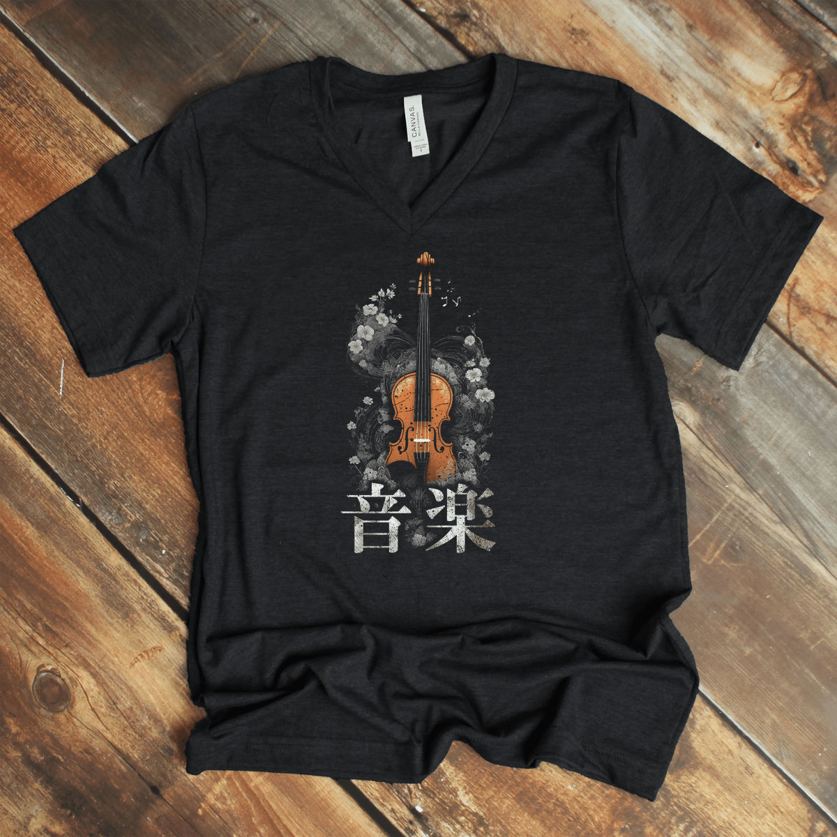Dark Grey Heather Music 音楽 Japanese Kanji V - Neck Shirt – Violin Design - Kanji Soul