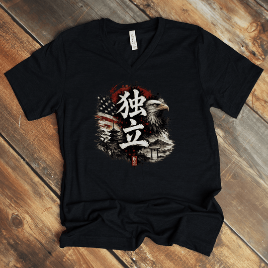 S Independence Japanese Kanji Patriotic V - Neck T-Shirt - Kanji Soul