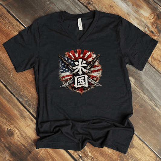 S Stars and Stripes Japanese Kanji Patriotic V - Neck T-Shirt - Kanji Soul