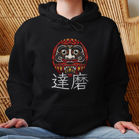Black Daruma 達磨 Japanese Kanji Premium Hoodie - Kanji Soul