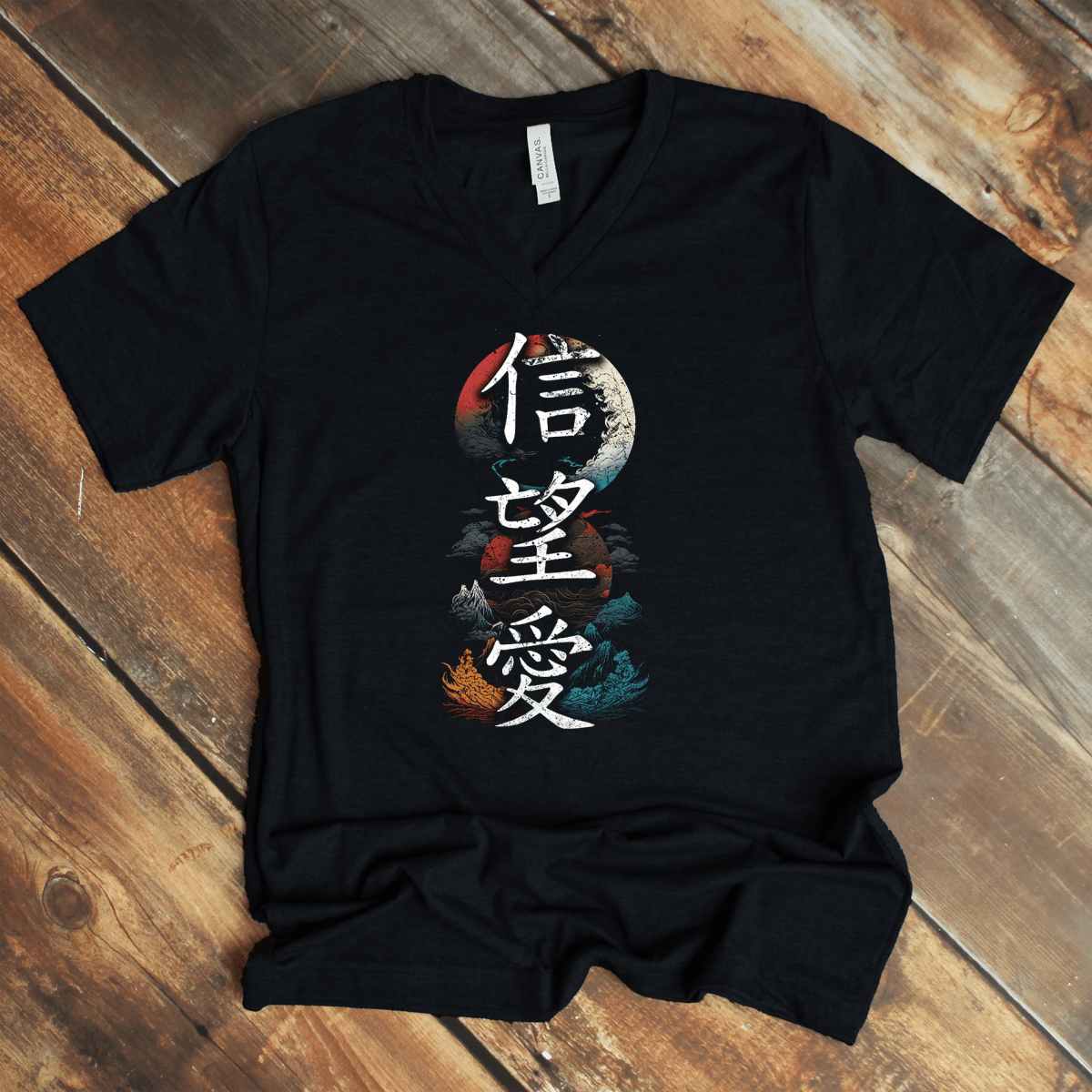 Black Faith Hope Love 信望愛 Japanese Kanji V - Neck Shirt - Kanji Soul