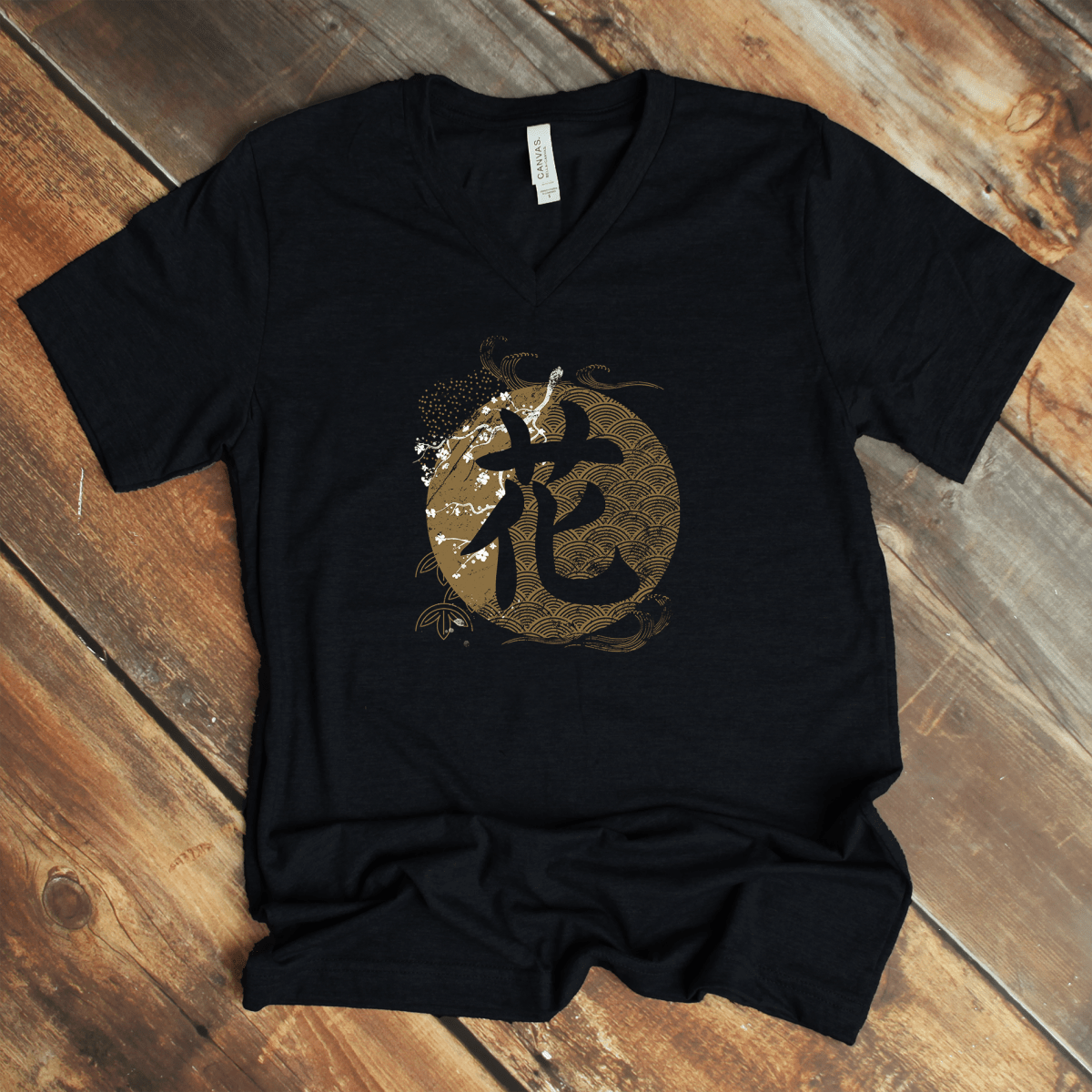 Black Flower 花 Japanese Kanji V - Neck Shirt - Kanji Soul