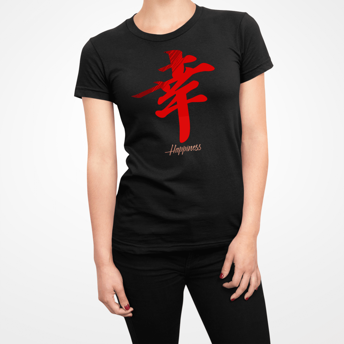 Black Happiness Symbol Japanese Graphic Shirt for Women - Kanji Soul