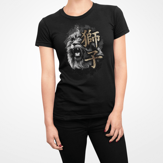 Black Lion Symbol Japanese Graphic Shirt for Women - Kanji Soul