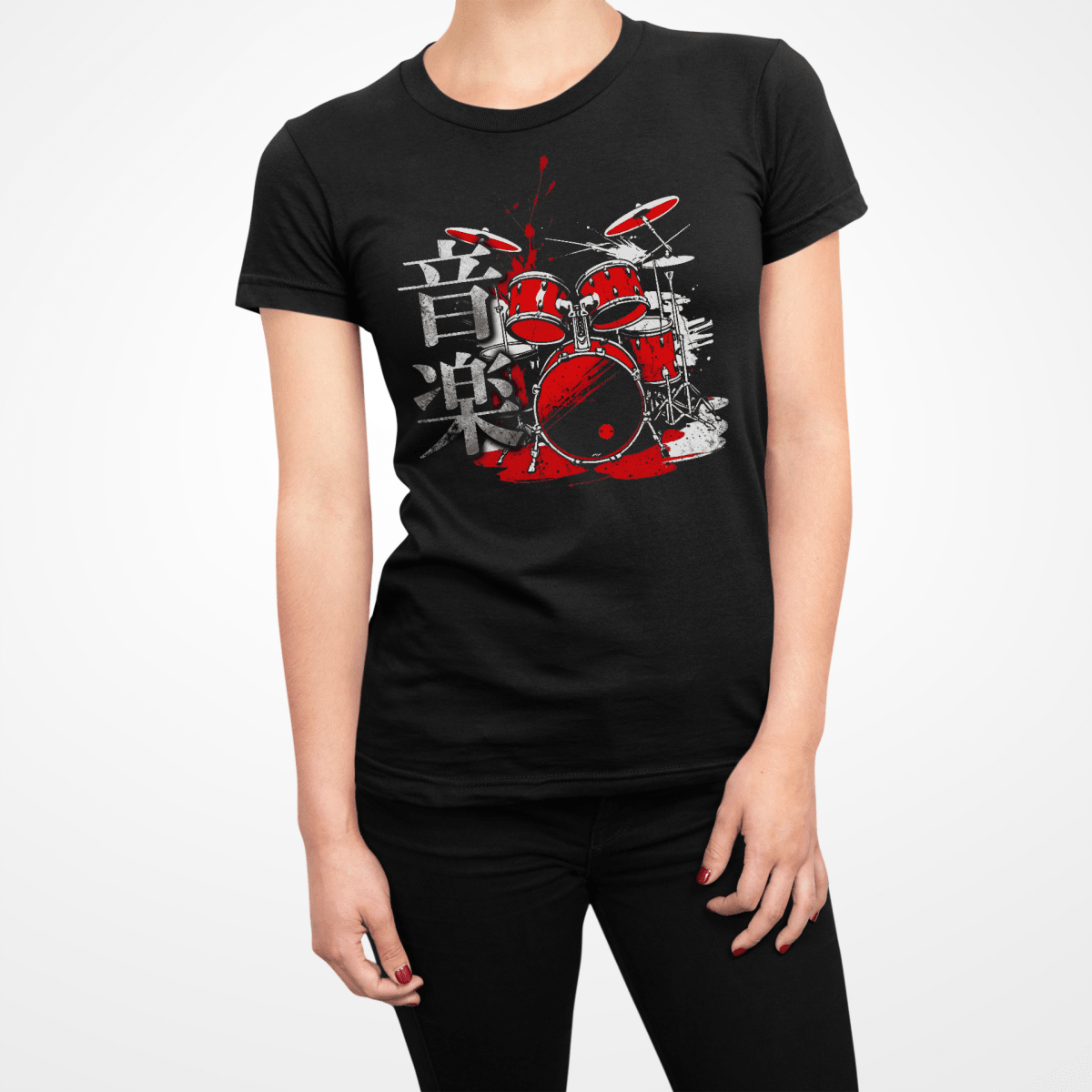 Black Music Drummer Symbol Japanese Graphic Shirt for Women - Kanji Soul