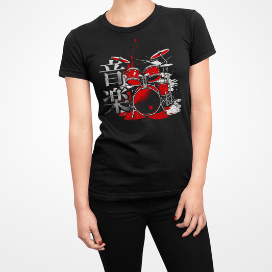Black Music Drummer Symbol Japanese Graphic Shirt for Women - Kanji Soul