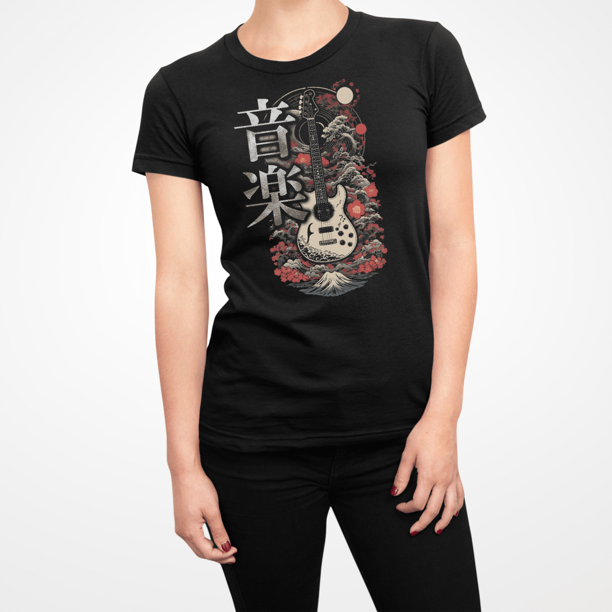 Black Music Guitar Japanese Kanji Women's Graphic Shirt - Kanji Soul