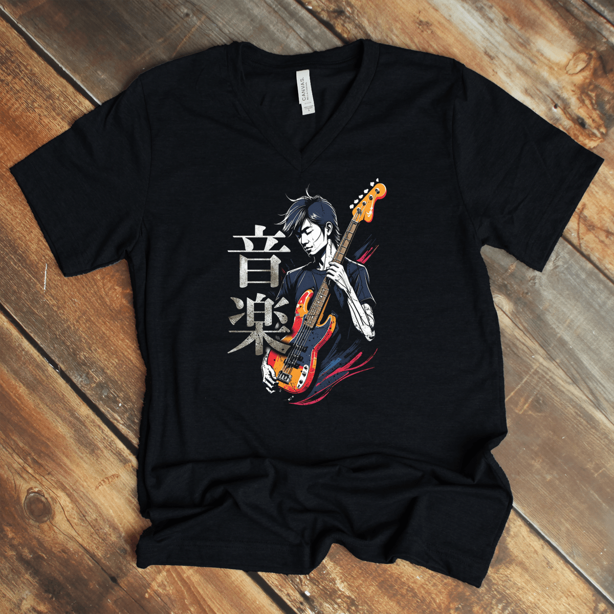 Black Music 音楽 Japanese Kanji V - Neck Shirt – Bassist Design - Kanji Soul