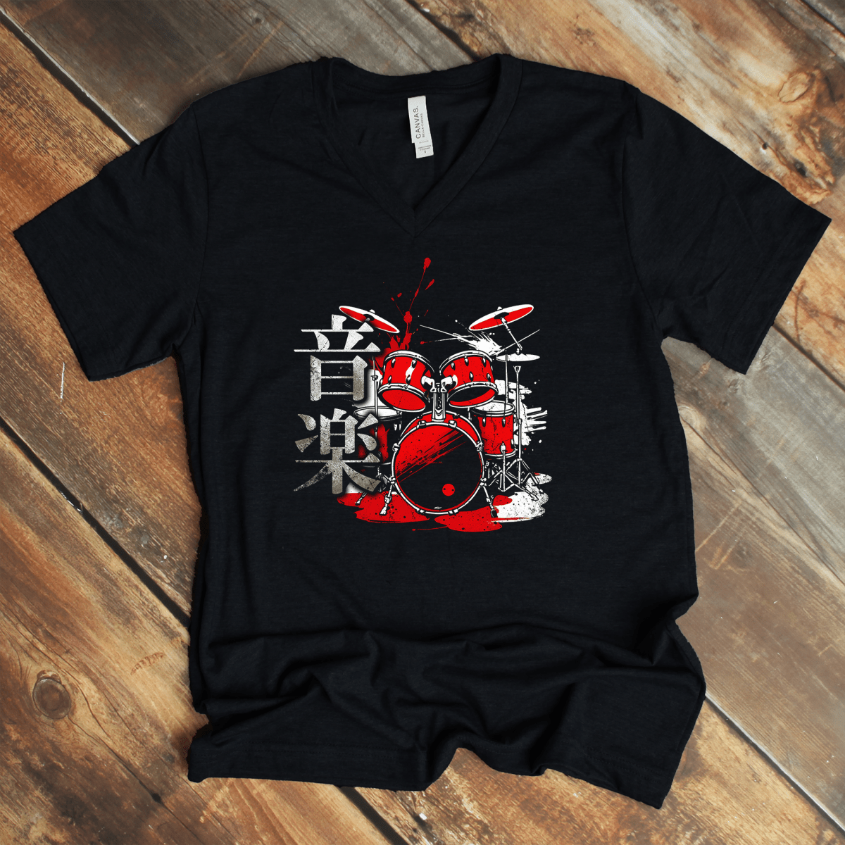 Black Music 音楽 Japanese Kanji V - Neck Shirt – Drummer Design - Kanji Soul