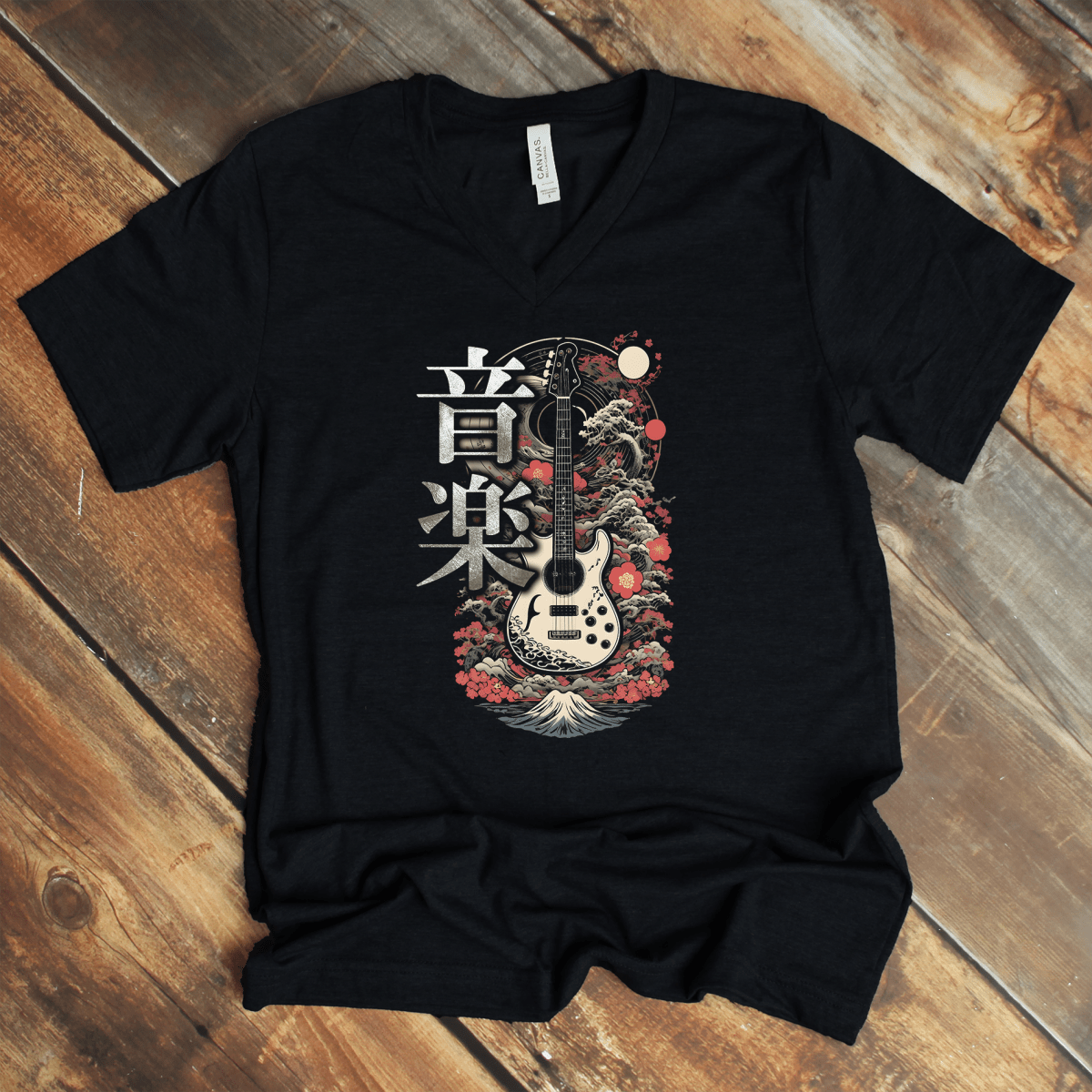Black Music 音楽 Japanese Kanji V - Neck Shirt – Guitar Design - Kanji Soul