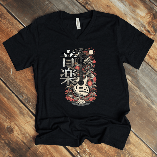 Black Music 音楽 Japanese Kanji V - Neck Shirt – Guitar Design - Kanji Soul