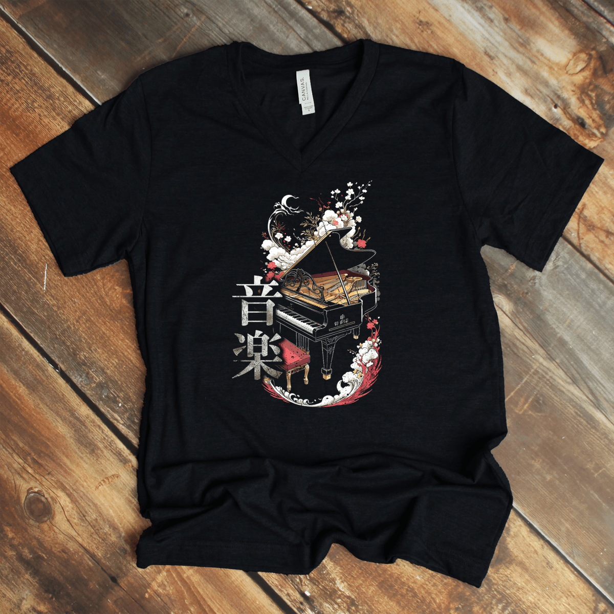 Black Music 音楽 Japanese Kanji V - Neck Shirt – Piano Design - Kanji Soul
