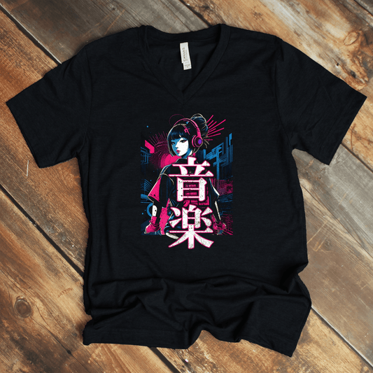 Black Music 音楽 Japanese Kanji V - Neck Shirt – Techno Design - Kanji Soul