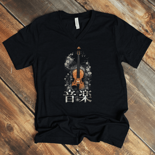 Black Music 音楽 Japanese Kanji V - Neck Shirt – Violin Design - Kanji Soul