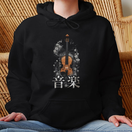 Black Music 音楽 Japanese Violin Hoodie - Kanji Soul