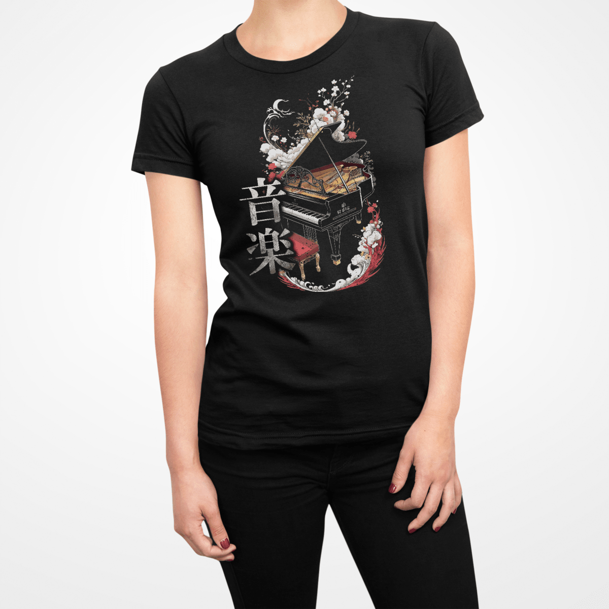 Black Music Piano Japanese Kanji Women's Graphic Shirt - Kanji Soul