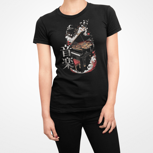 Black Music Piano Japanese Kanji Women's Graphic Shirt - Kanji Soul