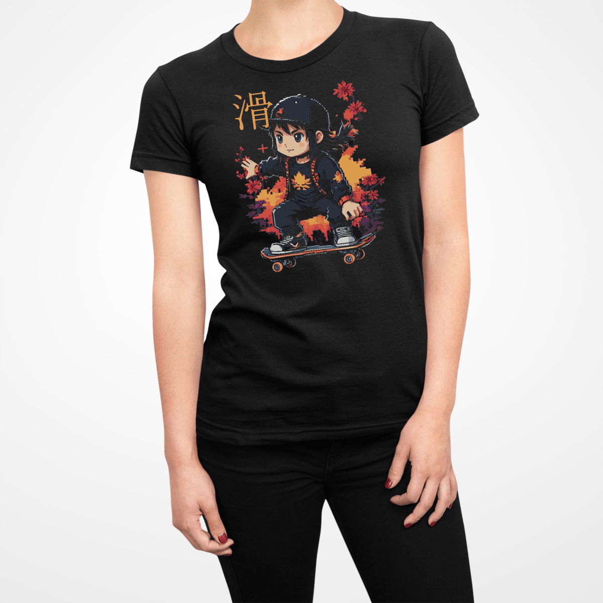 Black Skater Symbol Japanese Graphic Shirt for Women - Kanji Soul