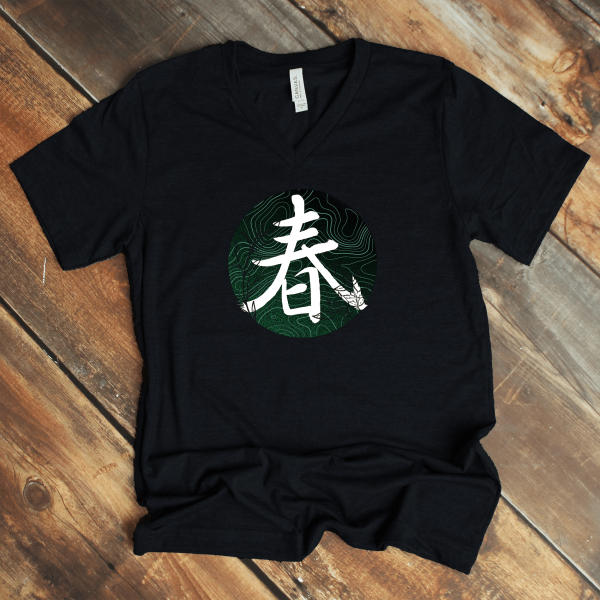 Black Spring 春 Japanese Kanji V - Neck Shirt - Kanji Soul
