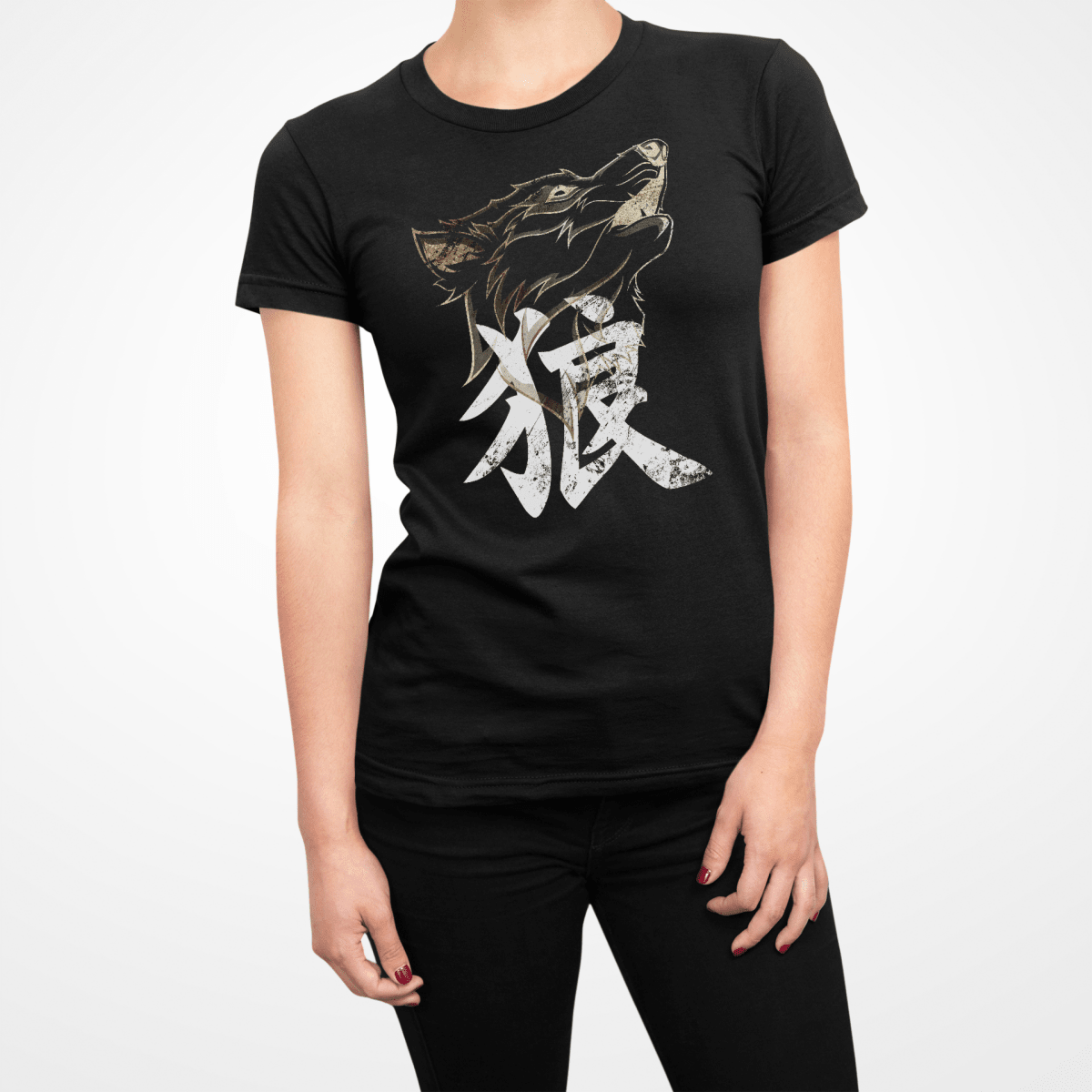 Black Wolf Japanese Kanji Women's Graphic Shirt - Kanji Soul