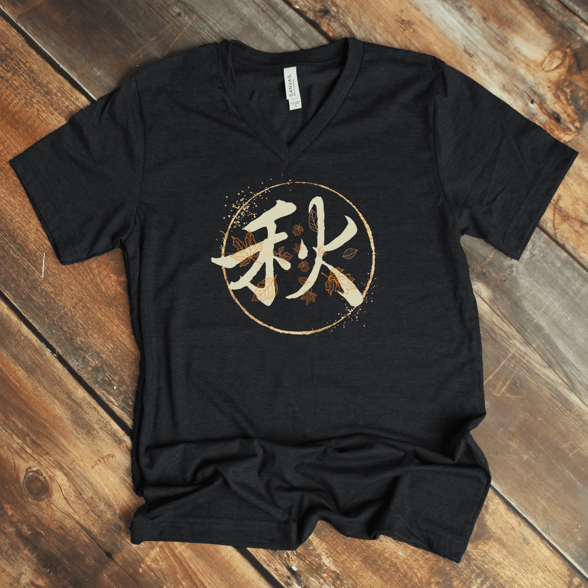 Dark Grey Heather Autumn 秋 Japanese Kanji V - Neck Shirt - Kanji Soul