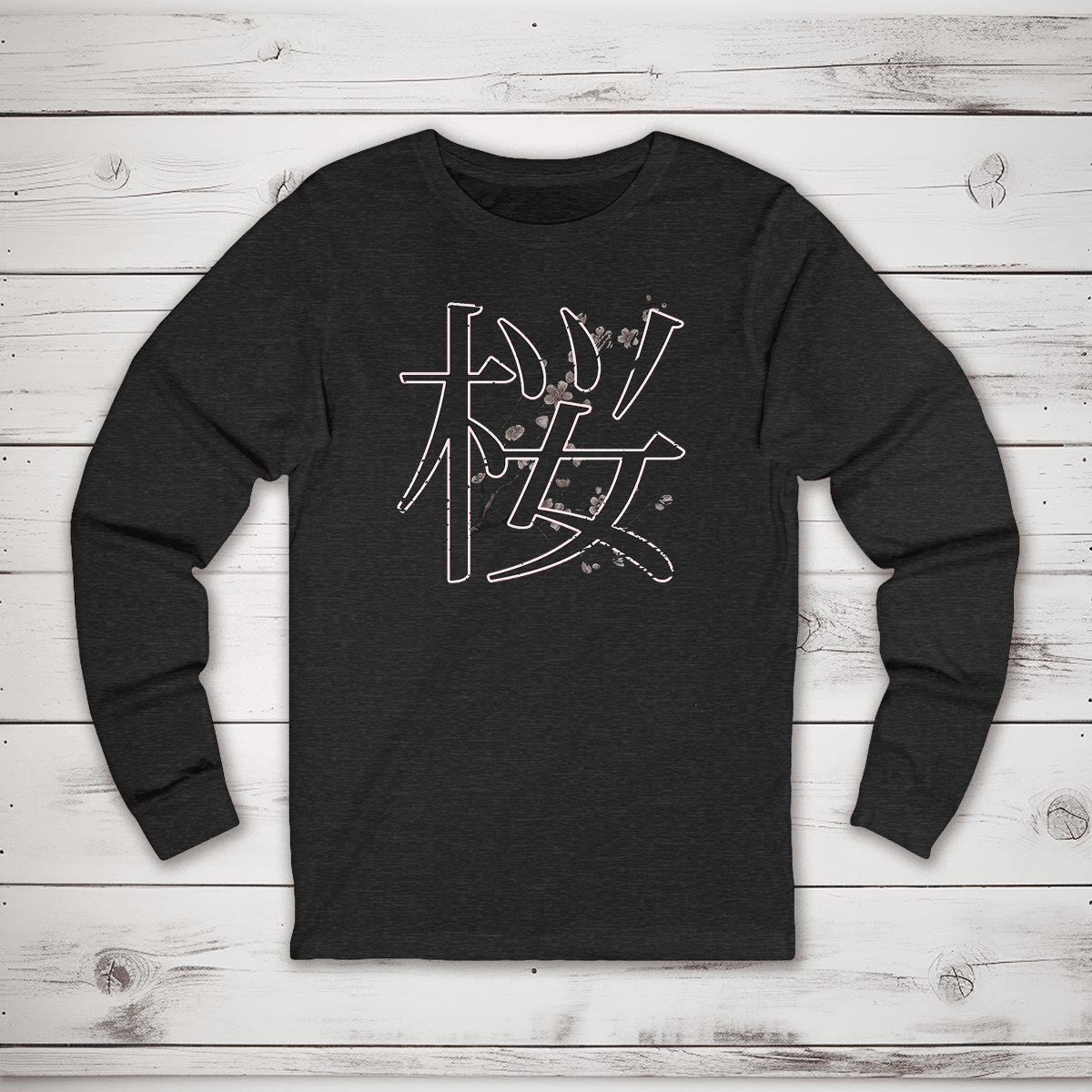 Dark Grey Heather Cherry Blossom 桜 Japanese Kanji Long Sleeve Shirt - Kanji Soul