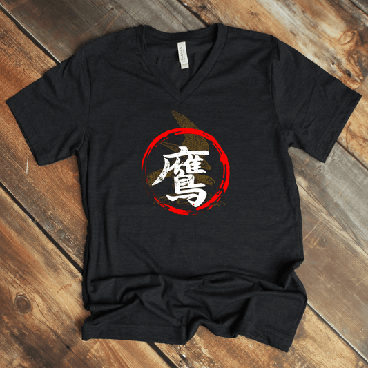 Dark Grey Heather Hawk 鷹 Japanese Kanji V - Neck Shirt - Kanji Soul