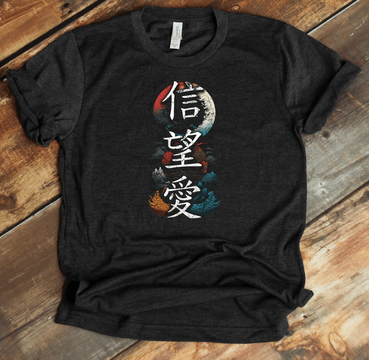Dark Grey Heather Hope Faith Love 信望愛 Japanese Kanji T-Shirt - KanjiSoul