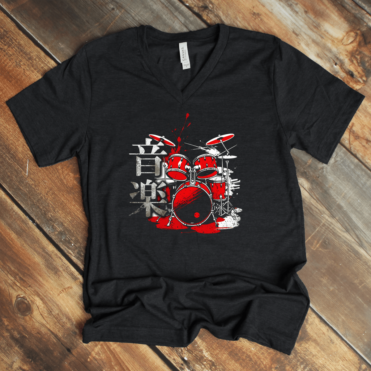Dark Grey Heather Music 音楽 Japanese Kanji V - Neck Shirt – Drummer Design - Kanji Soul