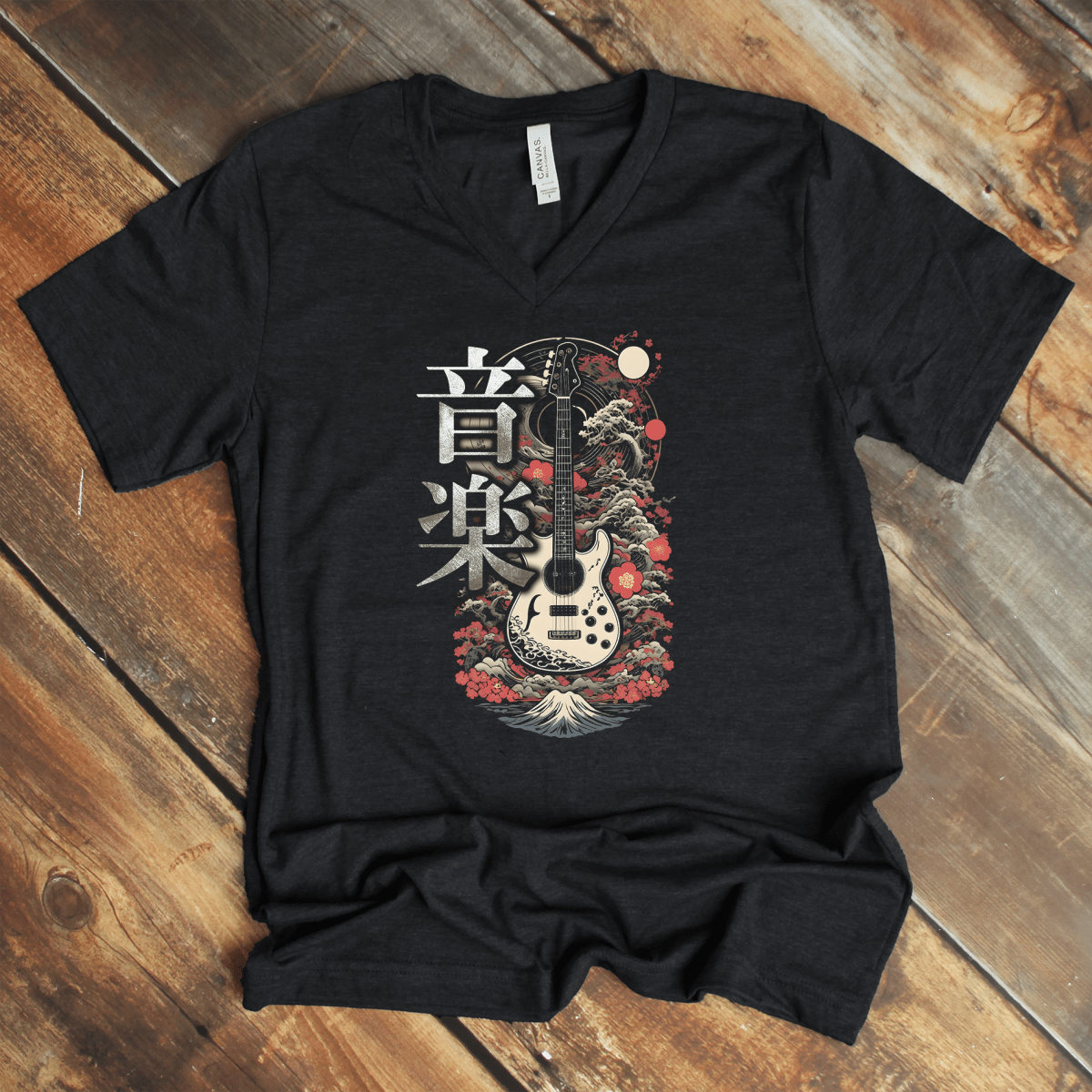 Dark Grey Heather Music 音楽 Japanese Kanji V - Neck Shirt – Guitar Design - Kanji Soul