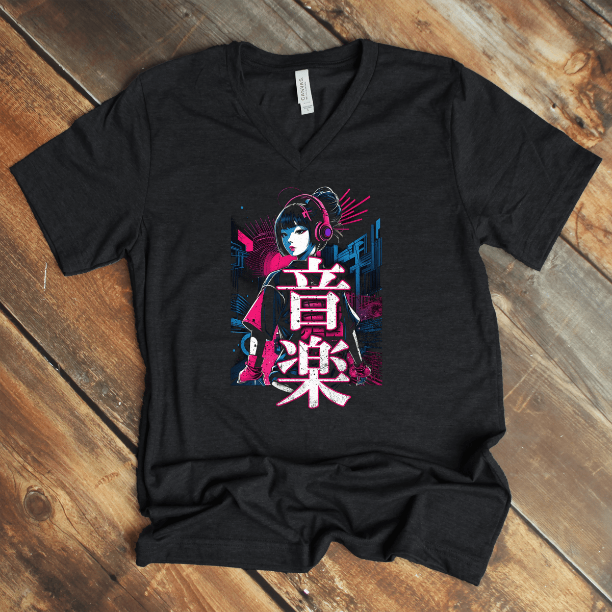 Dark Grey Heather Music 音楽 Japanese Kanji V - Neck Shirt – Techno Design - Kanji Soul