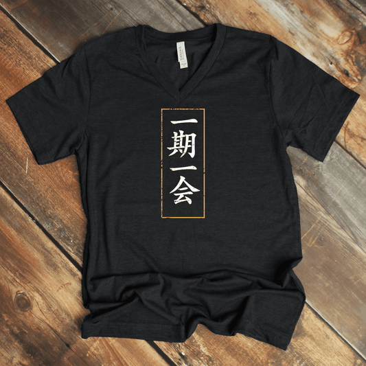 Dark Grey Heather One Time One Meeting 一期一会 Japanese Kanji V - Neck Shirt - Kanji Soul