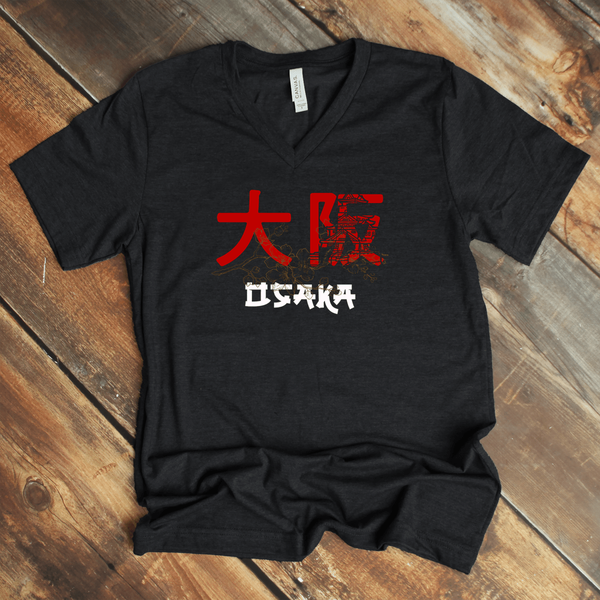 Dark Grey Heather Osaka 大阪 Japanese Kanji V - Neck Shirt - Kanji Soul