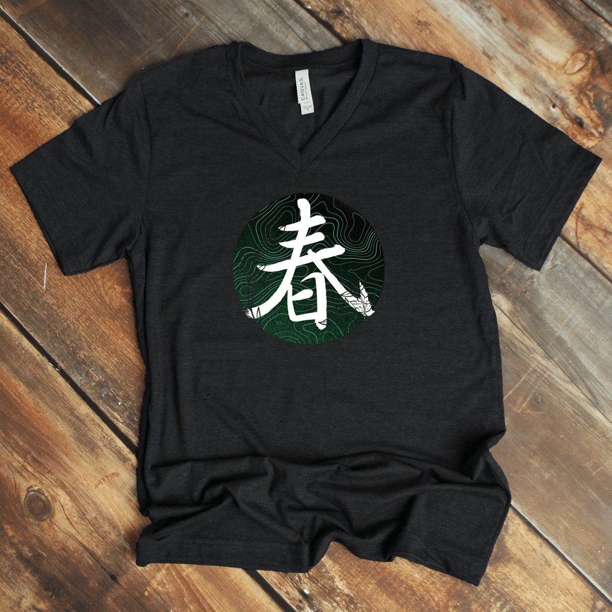 Dark Grey Heather Spring 春 Japanese Kanji V - Neck Shirt - Kanji Soul