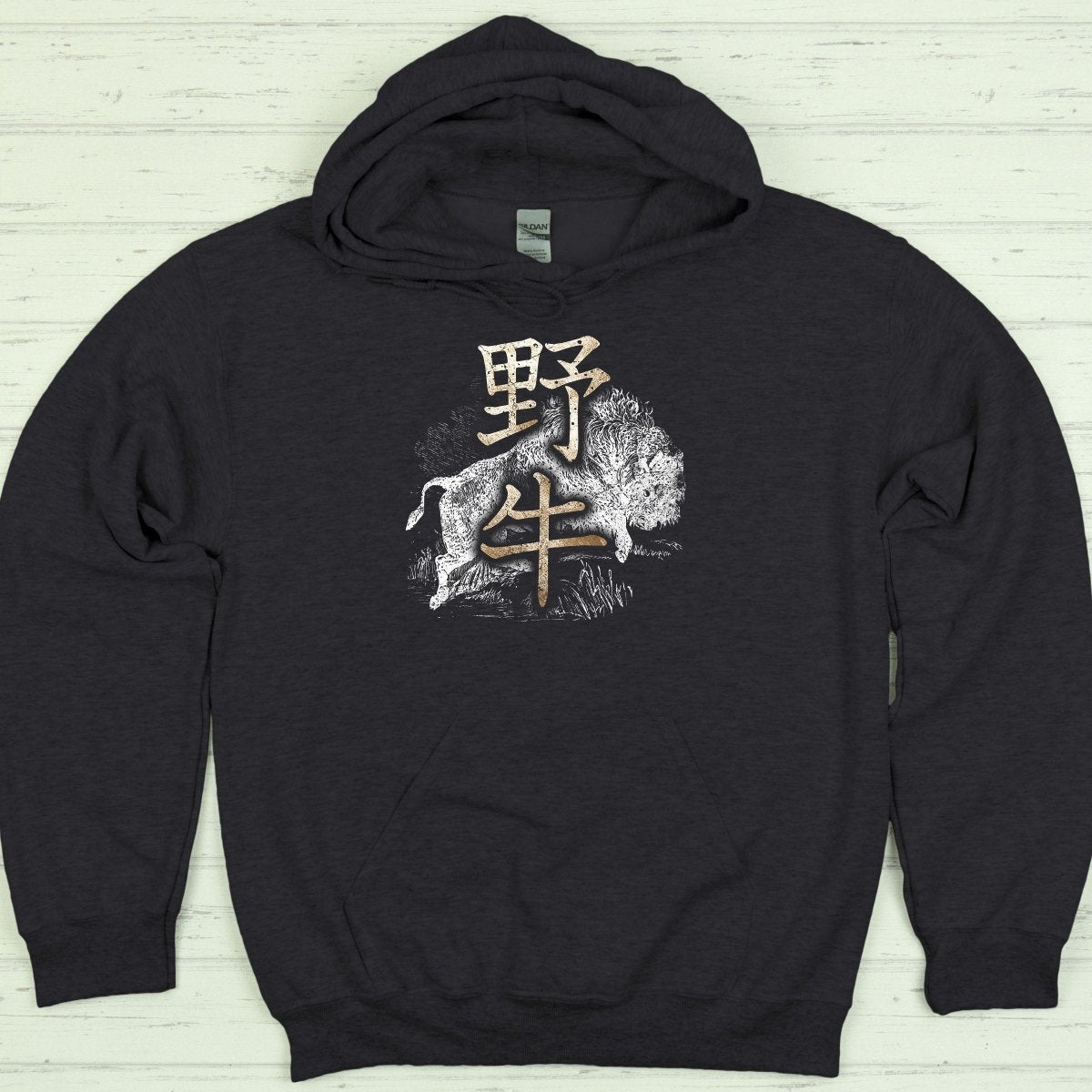 Dark Heather Buffalo 野牛 Japanese Kanji Premium Hoodie - Kanji Soul