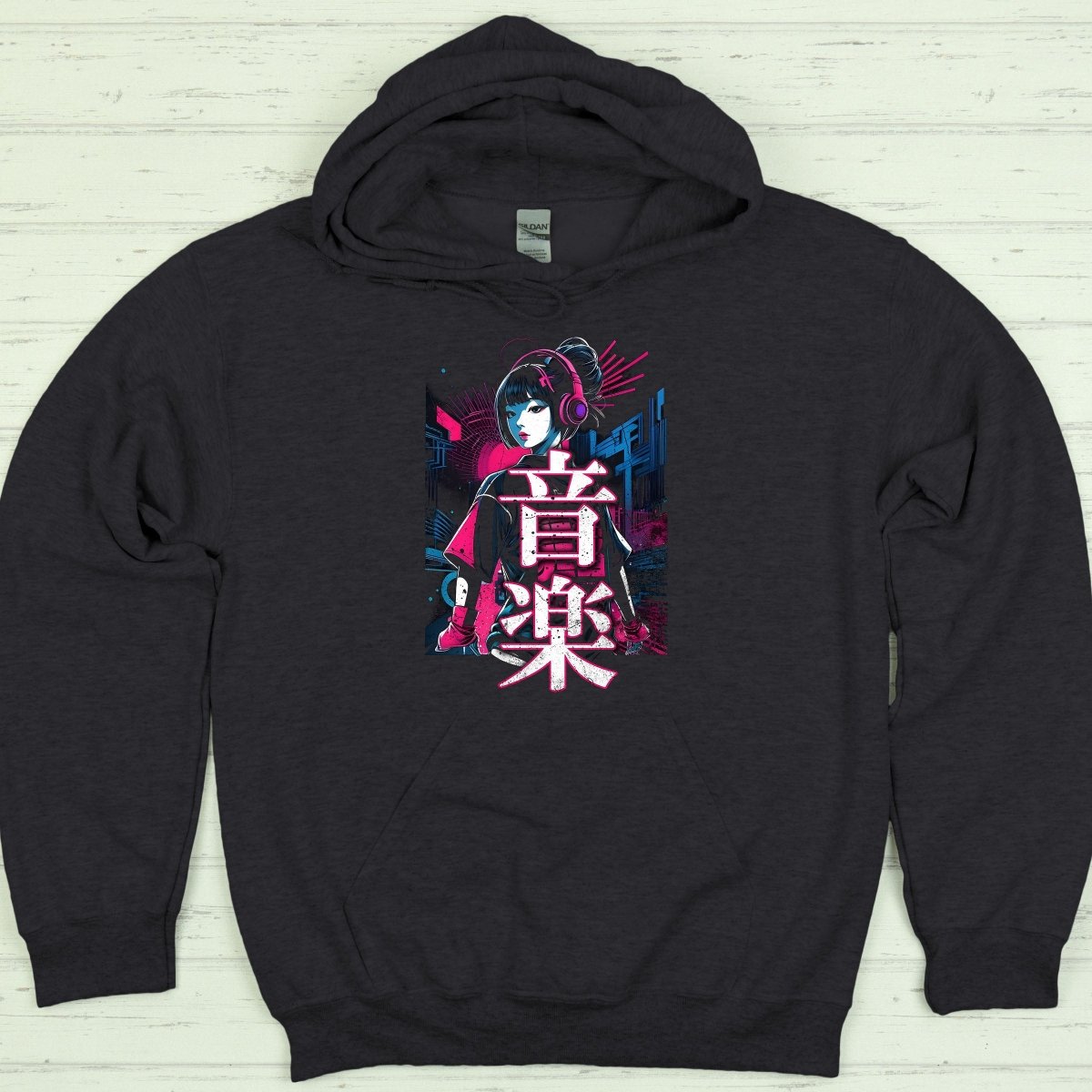 Dark Heather Music 音楽 Japanese Kanji Techno Hoodie - Kanji Soul