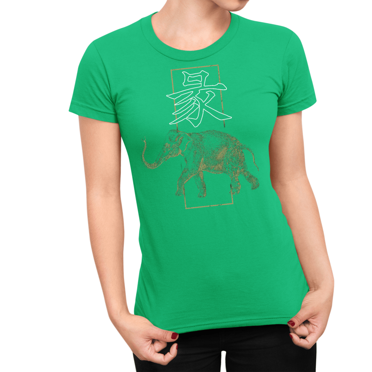 Irish Green Elephant Japanese Kanji Women's Graphic Shirt - Kanji Soul