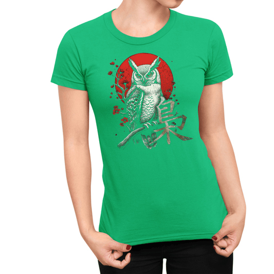 Irish Green Owl Japanese Kanji Women's Graphic Shirt - Kanji Soul