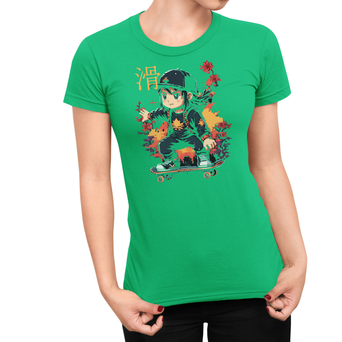 Irish Green Skater Symbol Japanese Graphic Shirt for Women - Kanji Soul