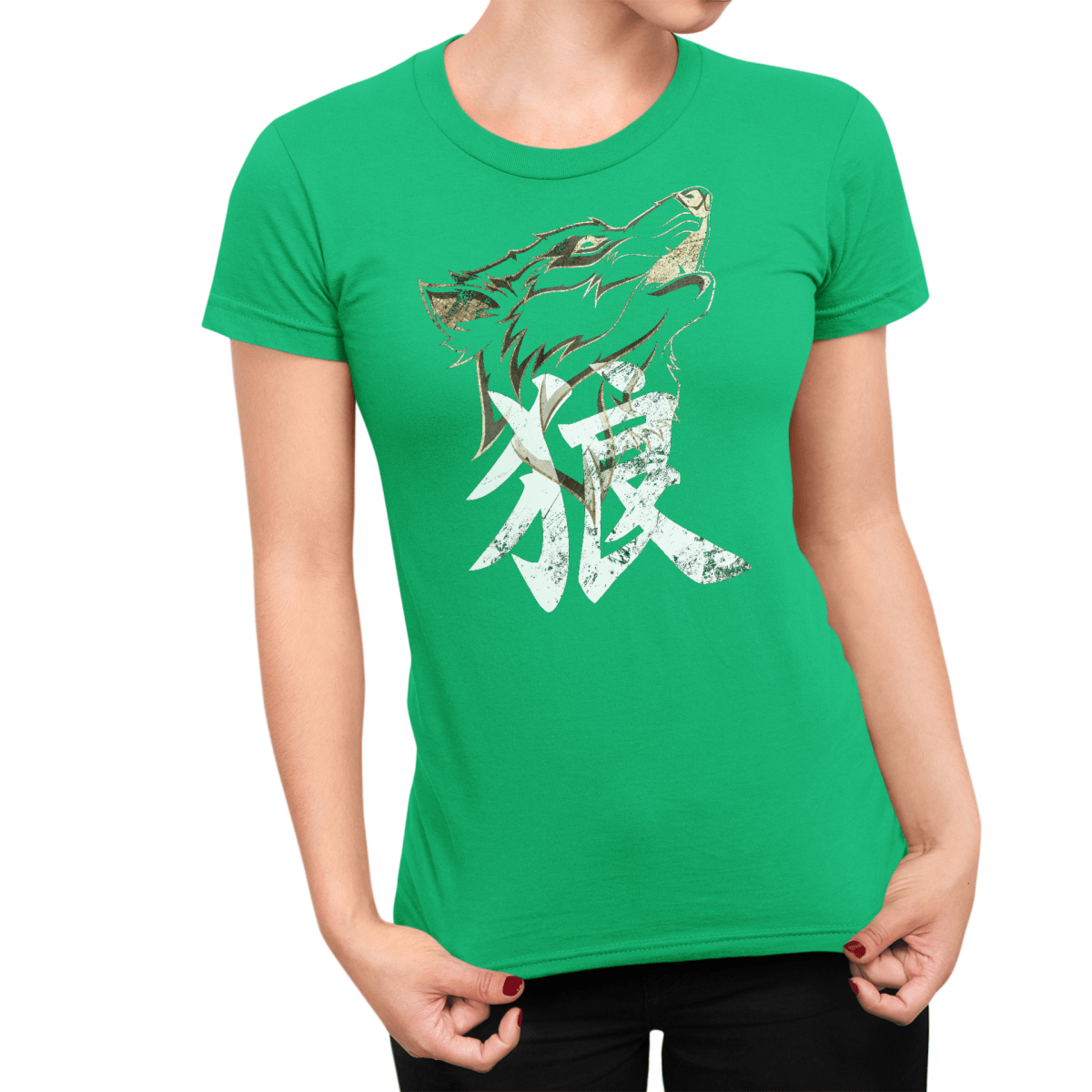 Irish Green Wolf Japanese Kanji Women's Graphic Shirt - Kanji Soul