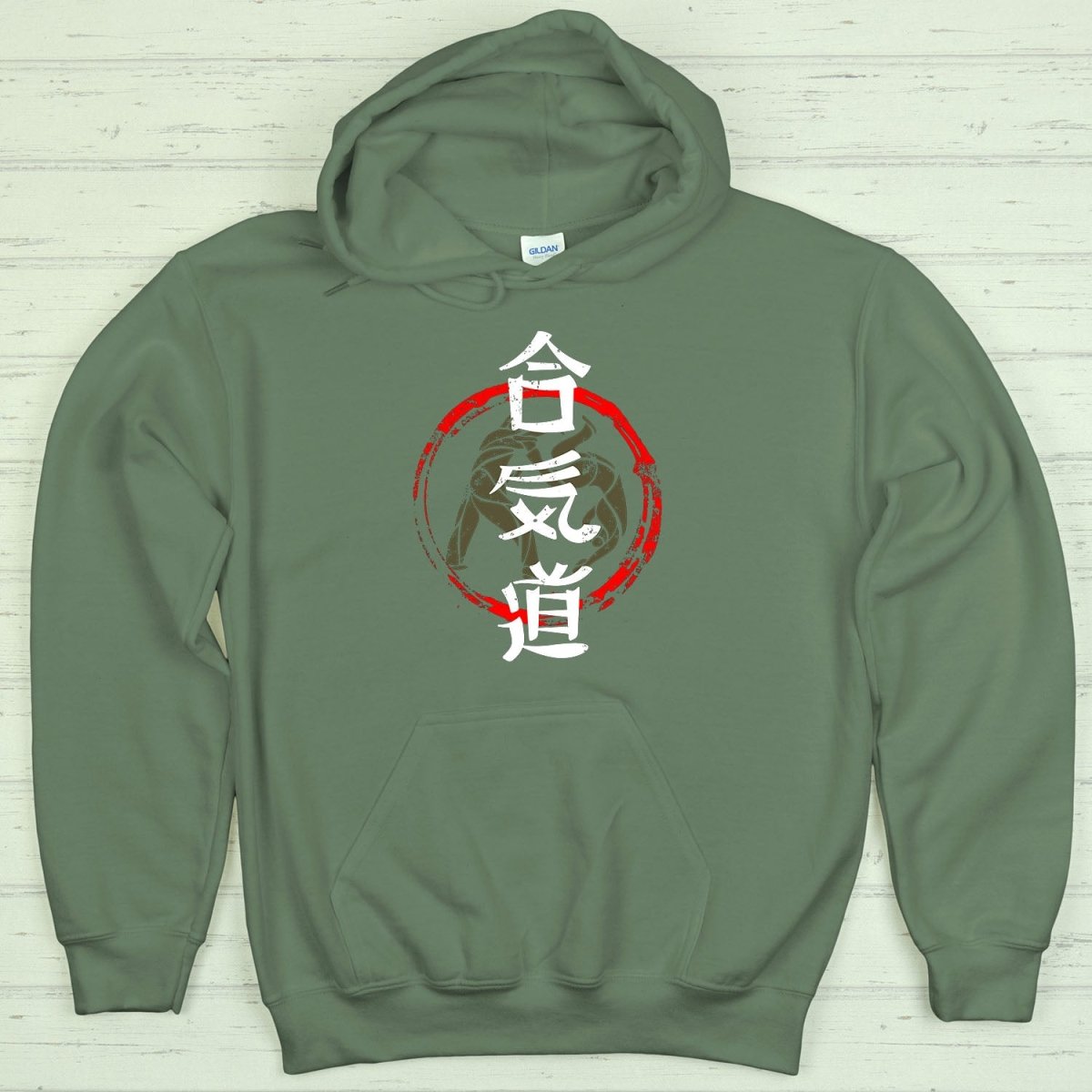 Military Green Aikido 合気道 Japanese Kanji Premium Hoodie - Kanji Soul