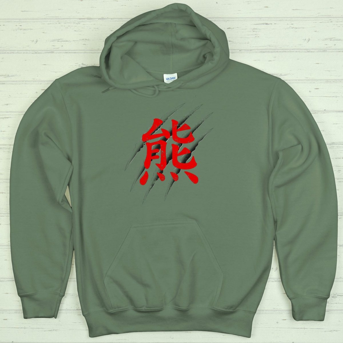 Military Green Bear 熊 Japanese Kanji Premium Hoodie - Kanji Soul