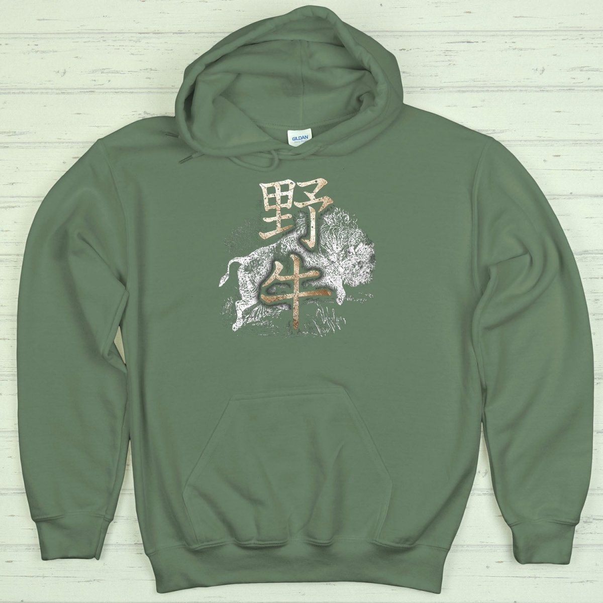 Military Green Buffalo 野牛 Japanese Kanji Premium Hoodie - Kanji Soul