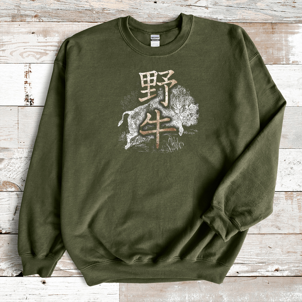 Military Green Buffalo Kanji Premium Sweatshirt - KanjiSoul