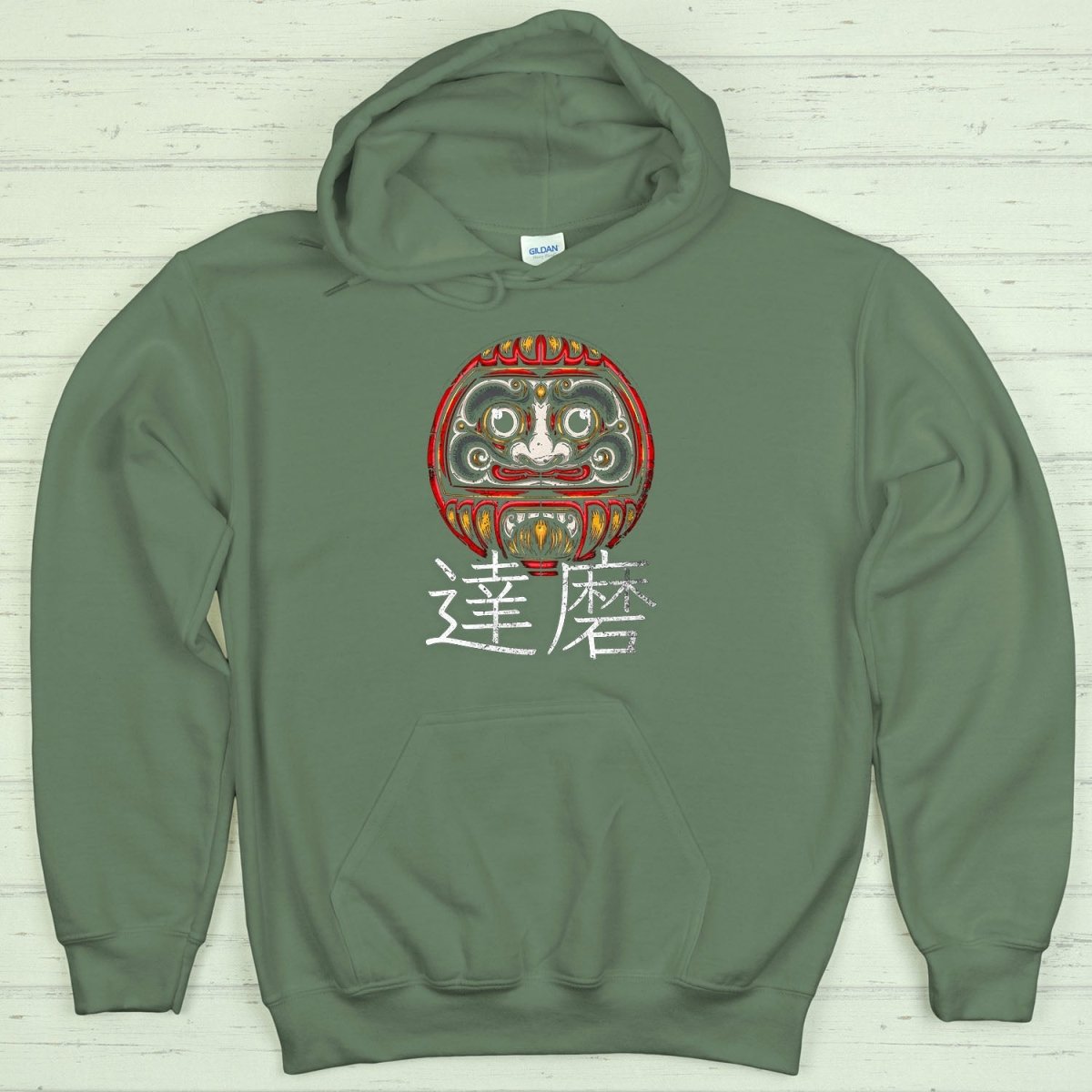 Military Green Daruma 達磨 Japanese Kanji Premium Hoodie - Kanji Soul