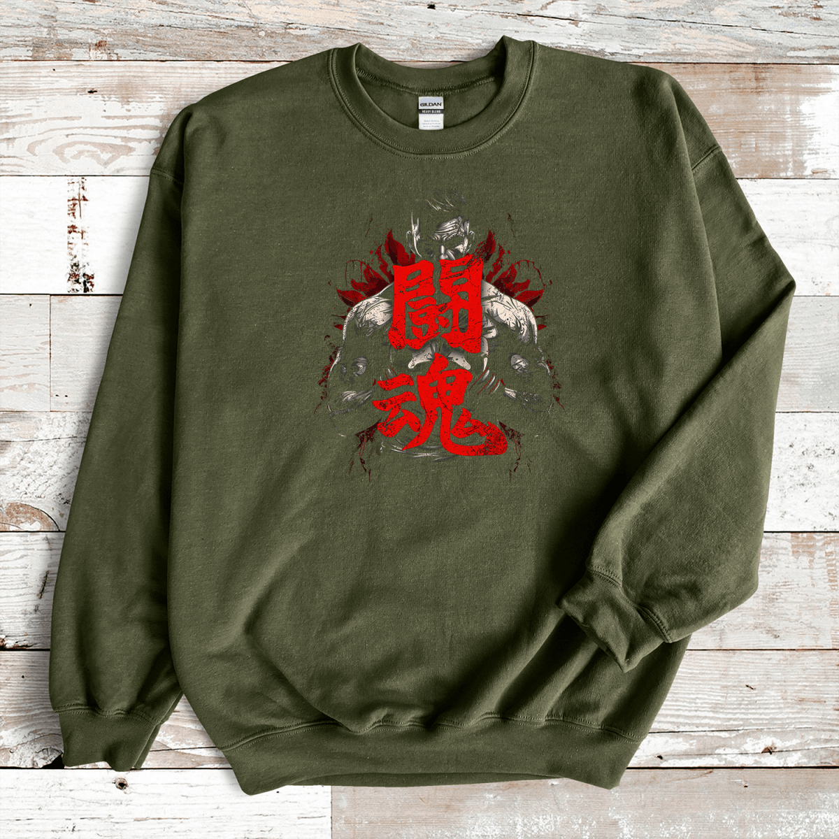 Military Green Fighting Spirit Kanji Premium Sweatshirt - KanjiSoul